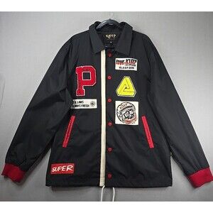 Love to KLEEP Black Coaching Nylon Jacket Letterman Patches Logo Mens Sz XL
